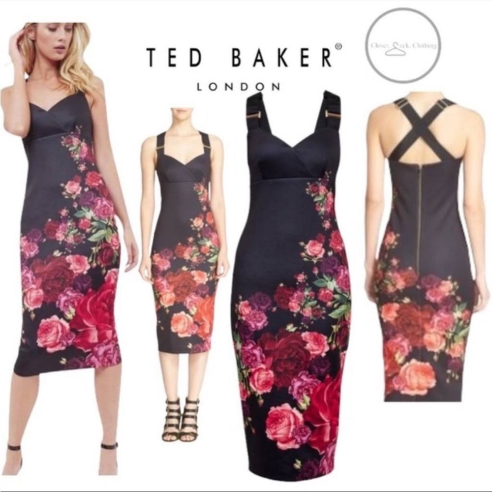 Ted Baker Black Floral Fitted Dress w/ Criss Cross Straps & Gold Buckles